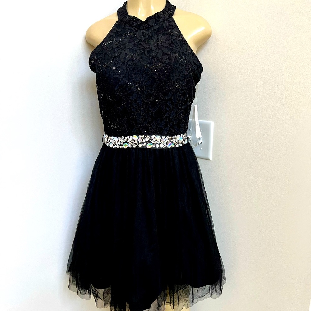 Juno black high neck lace and tulle dress